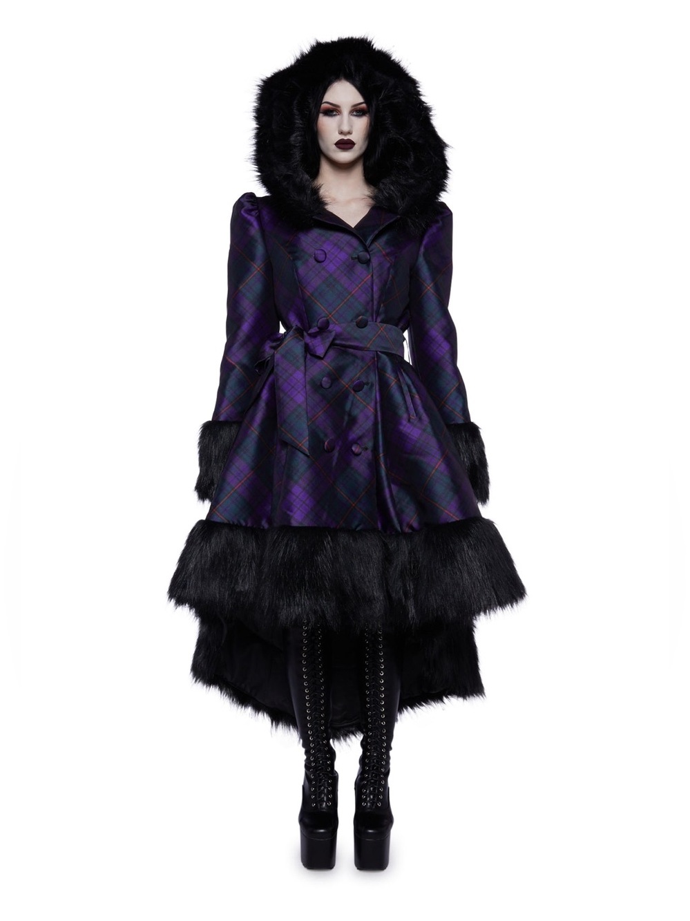 Unholy Dolls Kill Eternal Elegance Faux Fur Coat Plaid Hooded Goth Grunge Small